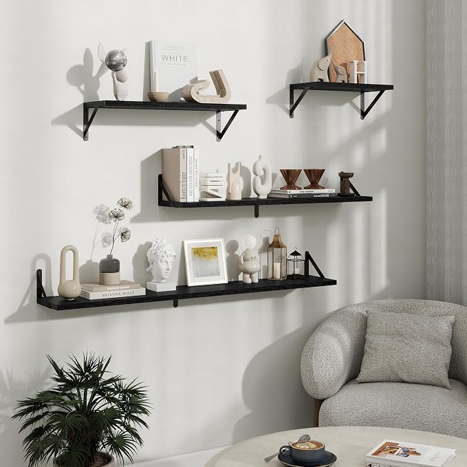 Floating Shelves 8 Inch Deep, 48W x 8D Wall Shelf Set of 2, 70 lbs Heavy Duty Reversible Metal Brackets, Industrial Book Shelf for Living Room Kitchen Bathroom Bedroom Gallery Wall, Black
