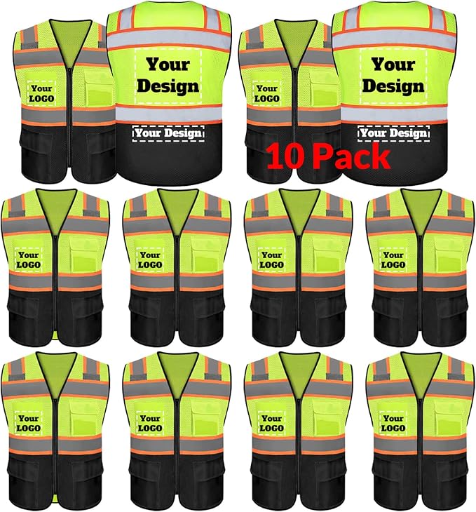 Safety Vest Customize Logo with 5 Pockets & Zipper Reflective High Visibility Vest Class 2 Outdoor Workwear