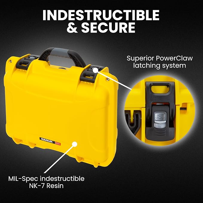 NANUK 915 Hard Case with Cubed Foam – Compact Waterproof Travel Camera Hard Case with Padded Dividers, 13.8” x 9.3” x 6.2” – Dustproof and Impact Resistant, Airline Carry-On Approved – Yellow