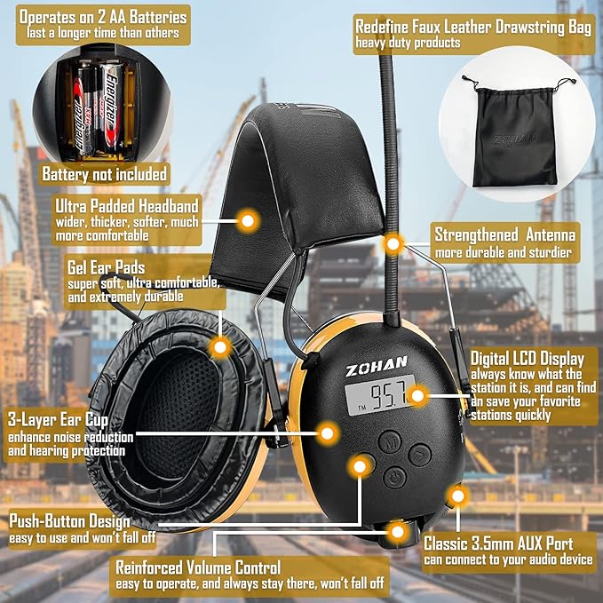 ZOHAN AM/FM Radio Headphone with Digital Display,Ear Protection Noise Reduction Earmuffs,Comfortable Hearing Protector