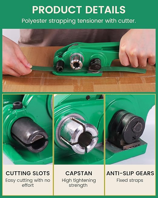 FoundGo PET Banding Strapping Kit for Heavy Duty Tough Pallet Packaging Strapping Tool with >1500lbs 5/8" x 1000' PET Strapping Roll & its own Pull-Out Box 100 Corner Protectors 300 Seals