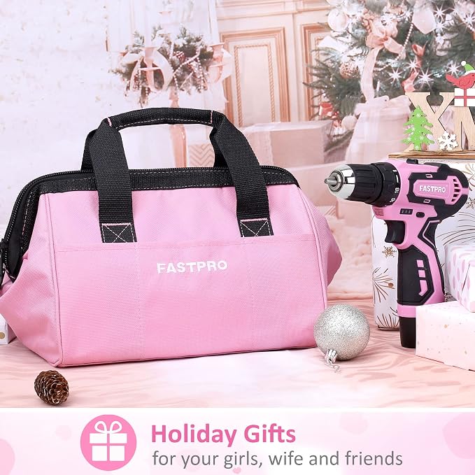 FASTPRO 175-Piece 12V Pink Drill Set, Cordless Lithium-ion Driver and Tool Kit, House Repairing Tool with 12-Inch Storage Bag, For DIY, Home Maintenance