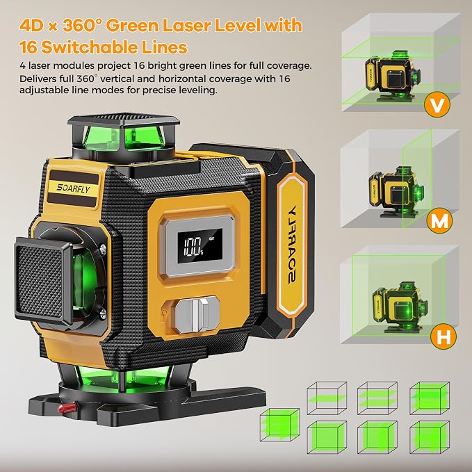 SOARFLY Laser Level with Tripod, 4x360° Self-Leveling Green Beam 4D Laser Level, Dual 4000mAh Lithium Batteries, Laser Level kit for Tile Installation, Framing, Picture Hanging & Home Renovation