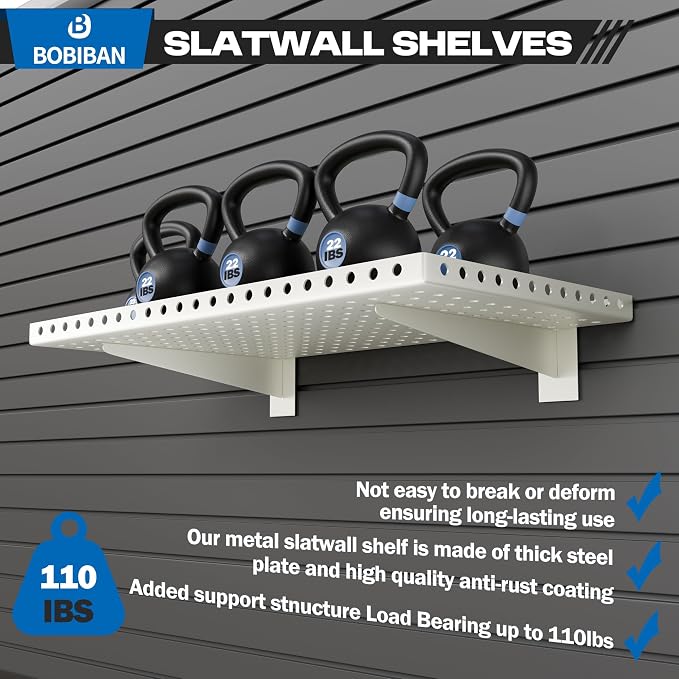 2 Pack Slatwall Shelves, Heavy Duty White Metal Slat Wall Shelf for Retail, Garage, Home Storage, 110 lbs Load Capacity, Universal Slatwall Accessories(14 x 24 Inch-2, White)