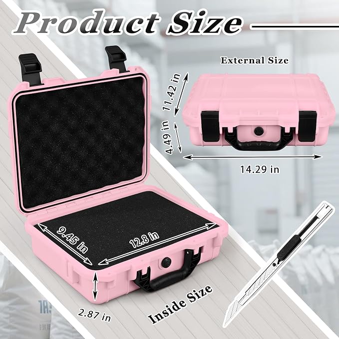 Relaxweex 1 Pcs Waterproof Hard Case with DIY Customizable Foam Insert Portable Protective Case with Knife for Camera Drones Equipments Tools Test Instruments(Pink,14.3 x 11.4 x 4.5 Inch)