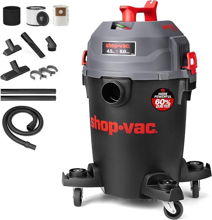 Shop-Vac 6 Gallon Ultra Quiet Shop Vacuum Wet and Dry, 4.5 PHP Powerful Suction Wet/Dry Vacuum with Attachments, 1-7/8 in. x 7 Ft Hose, 15 Ft Cord, Ideal for Jobsite, Garage, Workshop & Home, 5430541