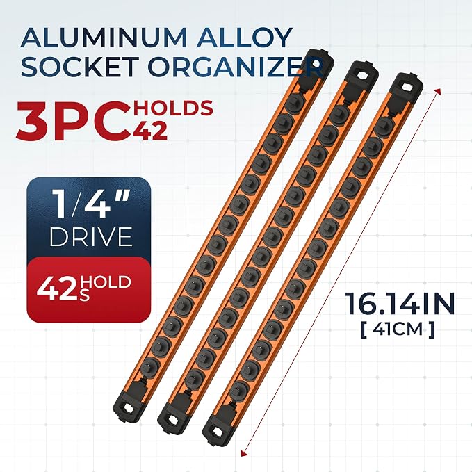 Reniteco Magnetic Socket Organizer Set, 3PC 1/4-Inch Drive Aluminum Alloy Socket Rail, Heavy Duty Magnetic Socket Holder for Tool Box Drawer, 360° Swivel Socket Rack, 1/4" x 42 Clips, Orange