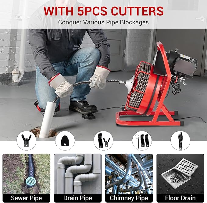 Drain Cleaner Machine 75FT x 1/2 Inch, Sewer Snake Auger Manual Feed, 400W Sewer Snake Auger with 6 Cutters & Foot Switch for 1 in to 4 in Pipes, Heavy Duty Sewer Auger for Sinks, Toilets, Showers