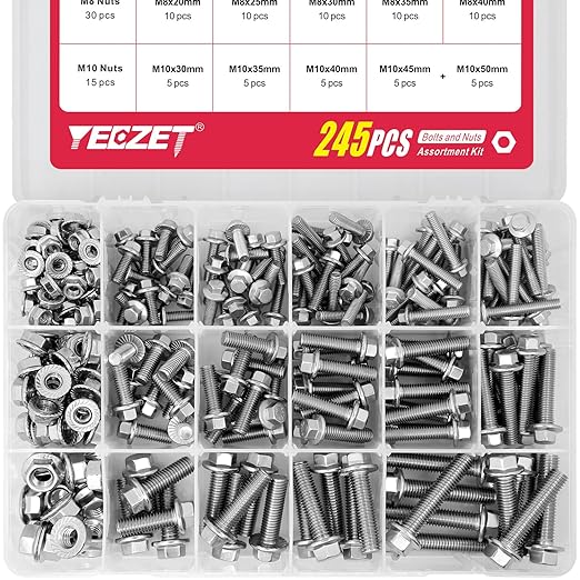 245PCS M6 M8 M10 Heavy Duty Flanged Bolts and Nuts Kit,Stainless Steel 304 Metric Flanged Hex Screws Nuts Includes 15 Most Common Sizes