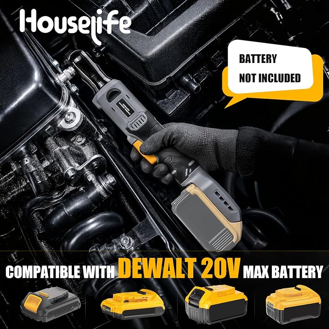 3/8" Cordless Ratchet Wrench Compatible With DEWALT 20V MAX Battery(Tool Only), 89Ft-Lbs(120N.m), Electric Ratchet Wrench Set with Variable Speed, LED Light, 5 Sockets, 3" Extension Bar, 1/2" Adapter