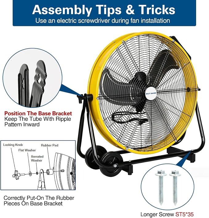 BILT HARD 24" 8100 CFM High Velocity Industrial Drum Fan, 3-Speed Heavy Duty Metal Shop Fan for Warehouse, Workshops, Garage, Factory and Basement