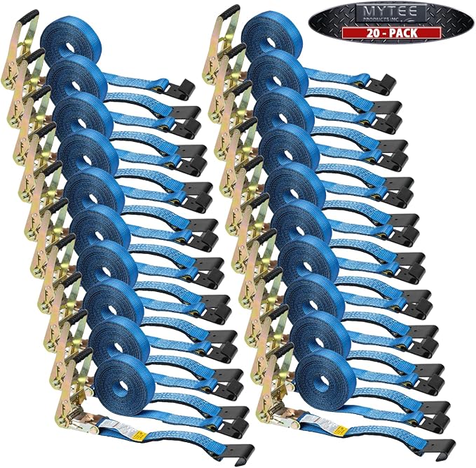 Mytee Products (20 Pack 2" x 30' Ratchet Tie-Down Straps with Flat Hooks - Blue, Tiedown Ratchet Straps for Flatbed, Truck, Trailers Pickup