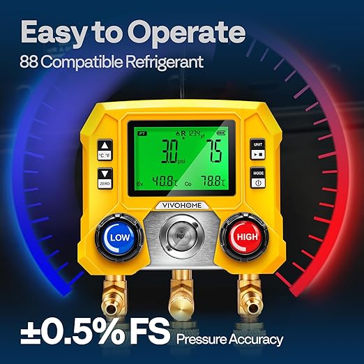 VIVOHOME Digital HVAC Manifold Gauge Set with R134a R1234yf Quick Couplers and Can Taps, Refrigeration Car AC Gauges with 3 Hoses for R134a R410a R32 R1234yf R454B Refrigerant Recharge Kit