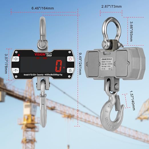 VisionTechShop Digital Crane Scale, VTS-ES4 4400lb/2000kg Heavy Duty Compact Hanging Industrial Scale with Remote Control, Large LED Display, Smart Accuracy for Farm, Factory, Construction