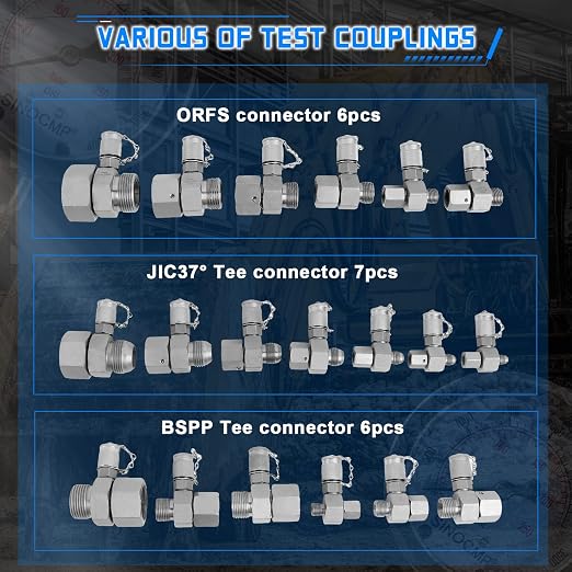 Hydraulic Pressure 3 Gauges(25/40/60MPa) Test Kit with 4 Test Hoses & 14 Straight Connectors & 19 Tee Connectors for Construction Machinery Excavator(Black)