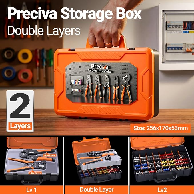 Preciva Ferrule Crimping Tool Kit - AWG 28-5 (0.08-16mm²) Self-Adjustable Ratchet Ferrule Crimper with Automatic Wire Stripper and 1375Pcs Single & Twin Ferrules Connectors