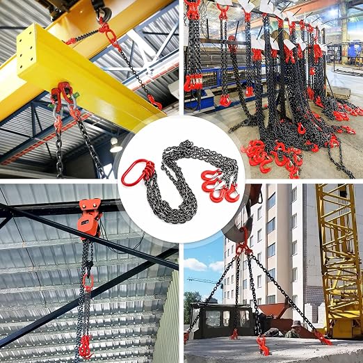 Pindex 1/4 Inch X 5 Ft Chain Slings for Lifting, G80 Alloy Steel Lifting Sling Hoist 3 Ton with 4 Leg Grab Hooks, 5 Feet