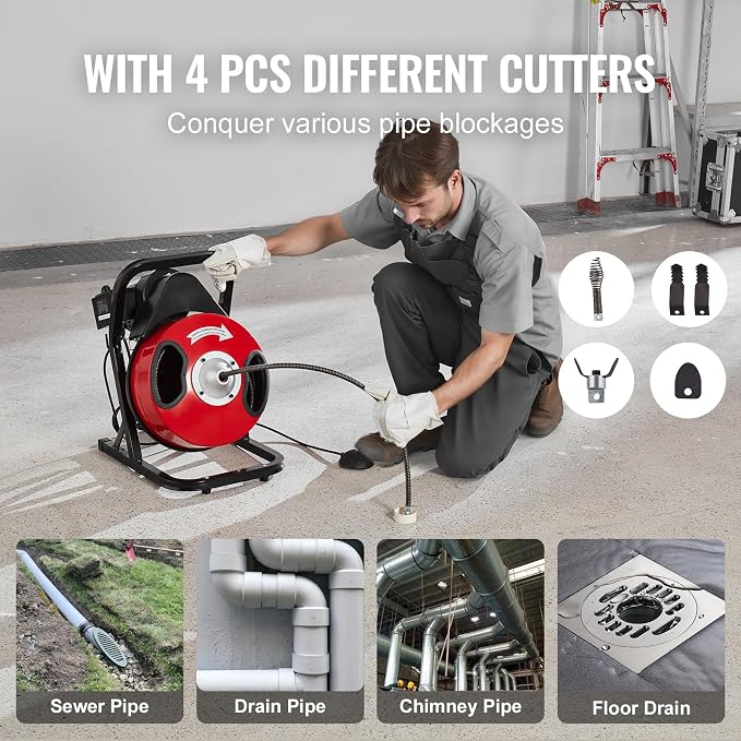 VEVOR Drain Cleaner Machine 50FT x 1/2 Inch, Manual Feed Sewer Snake Auger - with 4 Cutters & Air-activated Foot Switch for 2" to 4" Pipes
