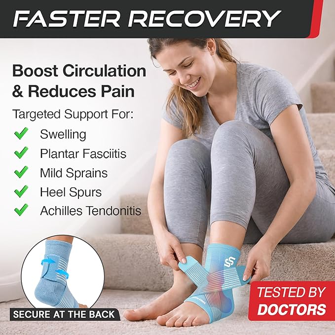 Sleeve Stars Ankle Brace for Women & Men, Ankle Wrap for Sprained Ankle, Compression Sleeve for Plantar Fasciitis Relief, Easy Customizable Support: w/Removable Strap (Single/L:12"-13"/Light Blue)