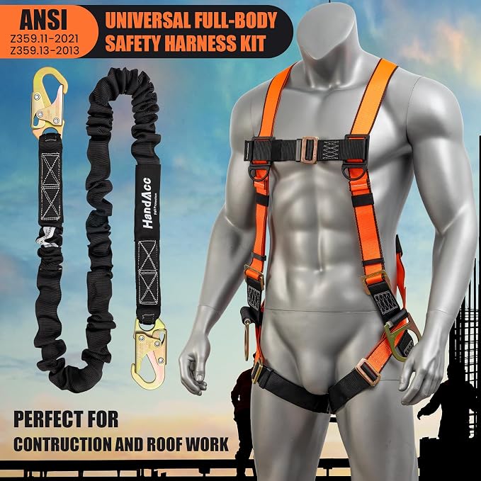 Fall Protection Safety Belt With Shock Absorbing Lanyard, Full Body Construction Protection Fall Arrest ANSI Compliant