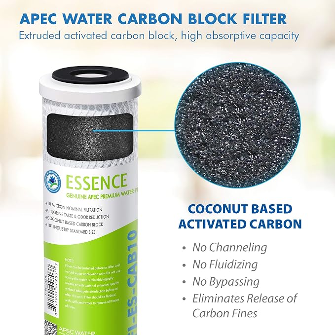 APEC Water Systems 10” Carbon Block Water Filter for Reverse Osmosis System, 10” x 2.5”, 10 Micron (FI-ES-CAB10) | For APEC Essence Series RO Systems, Removes Chlorine, Taste & Odor, High Adsorptive Capacity