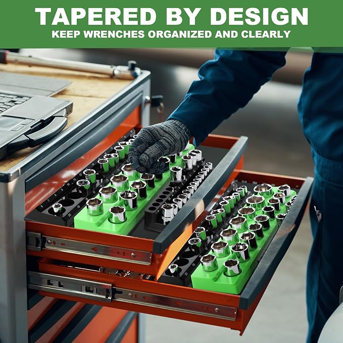 Blulu 8 Pcs Magnetic Socket Organizer & Magnetic Wrench Organizer Set 1/4", 3/8", 1/2" Socket Holder, 24-slot Drawer Storage Rack Tool Tray SAE (1/4" to 1-1/16"), Metric (6mm to 24mm) Black Green
