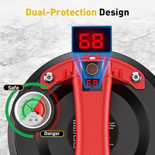 TaskStar Electric Glass Suction Cups, Tile Suction Cup Lifter with Pressure Gauge, 4X 2400mAh Battery, LCD Display & Auto Hold Up to 270KG Heavy Duty Vacuum Suction Cup Handle for Tile/Window/Granite