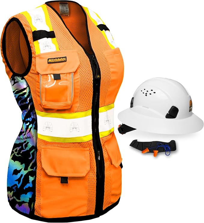KwikSafety TIGER QUEEN Safety Vest for Women [Orange, XL] + TORTOISE Full Brim Hard Hat Bundle