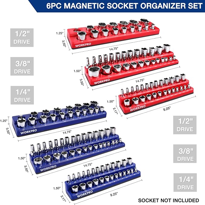 WORKPRO Magnetic Socket Organizer Set, 6-Piece Socket Holder Set Includes 1/4", 3/8", 1/2" Drive Metric SAE Socket Trays, Holds 143 Pieces Sockets, Christmas Gift for Men(Socket not Included)
