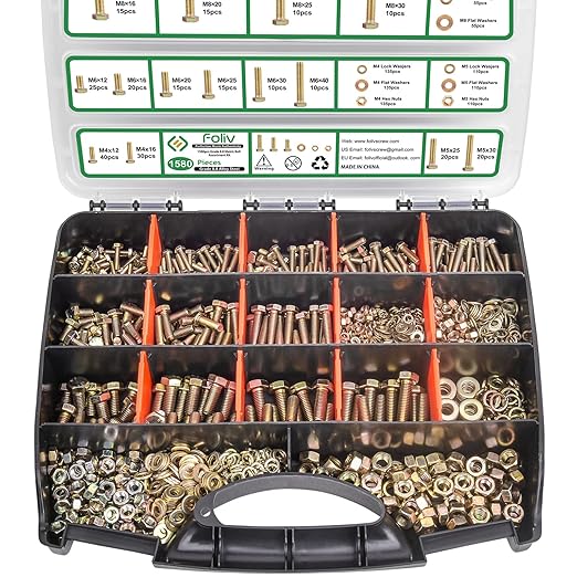 Foliv 1580pcs Metric Bolt Assortment, M4 M5 M6 M8 Nuts and Bolts Assortment Kit, Grade 8.8 Alloy Steel with Yellow Zinc Plated, Length from 12-30mm