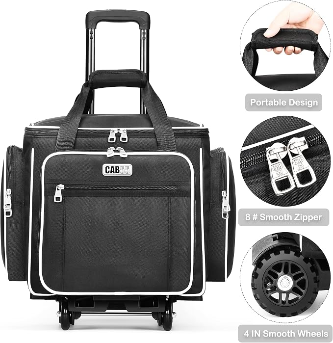 CAB55 Rolling Craft Bag, Tote Bag with Wheels for Women, Rolling Teacher Bag with Removable Folding Hand Truck (Black)