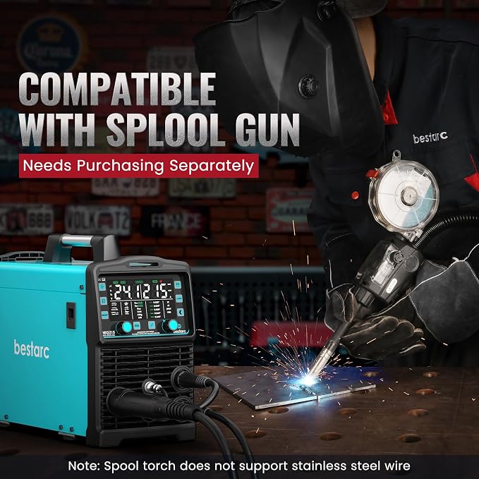 Bestarc 215Amp MIG Welder, 110V 220V Gas MIG/Flux Core MIG/Stick/Lift TIG/Spool Gun/Spot Welding 7 IN 1 Aluminum Welding Machine, IGBT Multiprocess Bestarc Welder with Synergy, Spool Gun Compatible