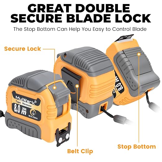 MulWark Wide Tape Measure 25 ft, Double Secure Blade Lock Tape Measure Retractable with Stop Button, Both-Side Metal Blade, Magnetic Hook for Construction, Carpenter, Architect, Woodworking