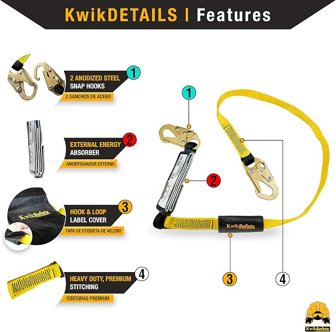 KwikSafety - TAIPAN Safety Lanyard [1 PACK] Flat Safety Harness Lanyard Fall Protection ANSI Tested OSHA