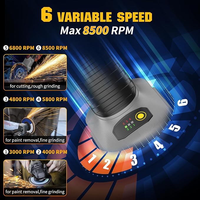 Angle Grinder 4-1/2" Cordless Compatible with DEWALT 20V Max Battery, Brushless Power Grinder Tool, 6 Variable Speed for Cutting Grinding Polishing (Tool Only)