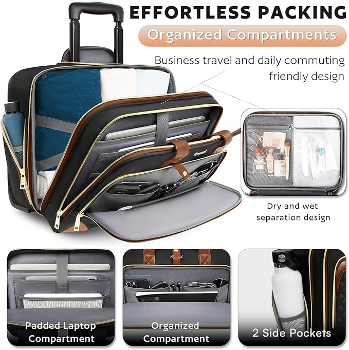 Arcoyard Rolling Laptop Bag, Rolling Briefcase for Women with Waterproof Pocket, 16 Inch Computer Bag, Underseat Carry On Luggage with Wheels for Work Travel Business, Lightweight Black Brown