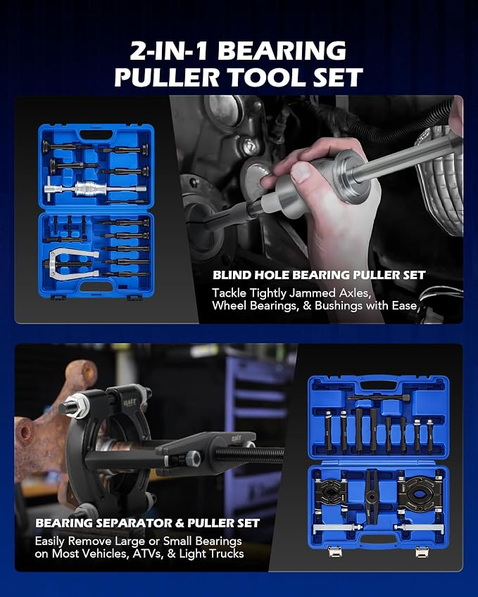 Orion Motor Tech Bearing Puller & Housing Removal Set, 30 pc. 2-in-1 Bearing Puller Tool Set for Wheel Bearing Bushing Axle, Blind Hole Bearing Puller & Bearing Separator Set with Slide Hammer Collets