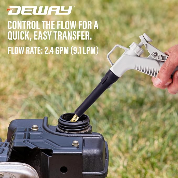 DeWay Fuel Transfer Pump for Gas Can with Manual Hand Trigger Nozzle | Fast 2.4GPM Flow Rate, 51” Heavy Rubber Hose, 4 AA Battery Power & 3 Adapters for Gasoline, Kerosene, Diesel & Non-Potable Water
