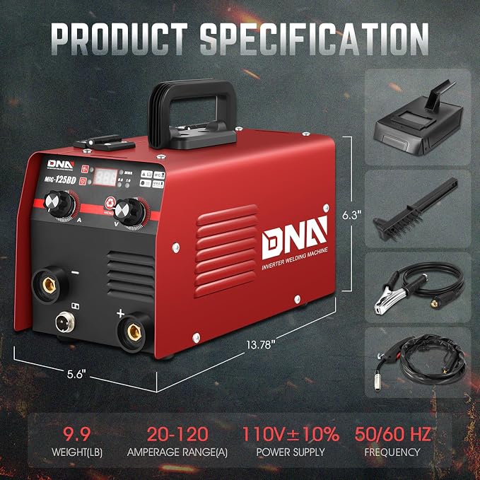 DNA Motoring 125A/110V Flux Core MIG Welder, Gasless MIG/Lift TIG/Stick Welder, 3 in 1 Portable Welding Machine, IGBT Inverter Welder for Home DIY, Garage, w/LED Digital Display, Red, TOOLS-00378