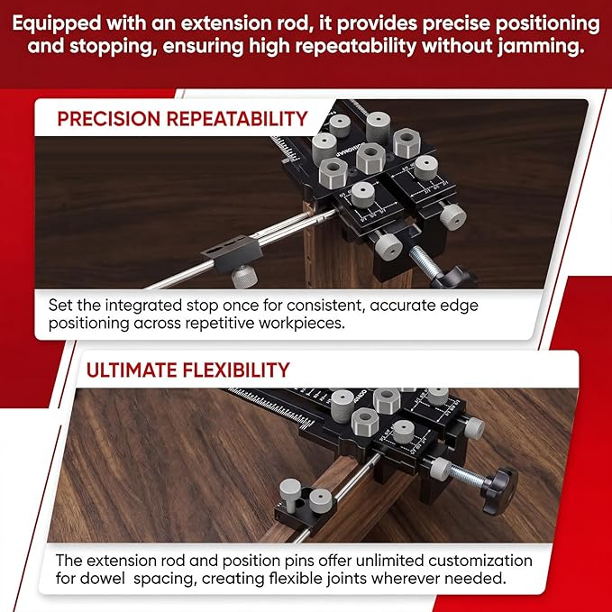 Dowel Jig Kit, Self-Centering Doweling Jig with Quick-Stop Clamp, Adjustable Drill Guide for Straight Dowel Holes, 1/4", 3/8", 1/2" Bushings for Woodworking, Cabinet & Furniture Joints