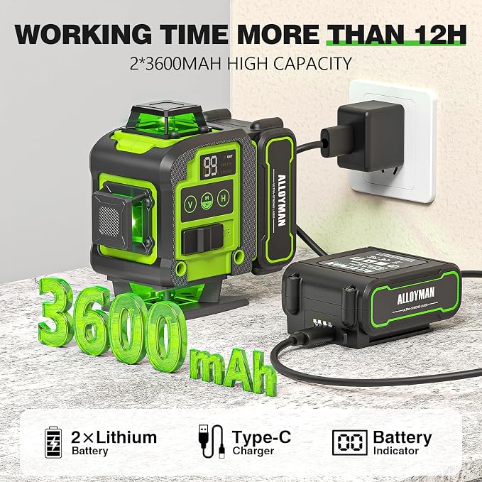 Laser Level with Tripod, Alloyman 4x360° Self Leveling Laser Level, Green Line Laser 4D Laser Leveler Tool with 2Pcs Lithium Batteries for Picture Hanging, Tile, Home Renovation, Indoor(Green)