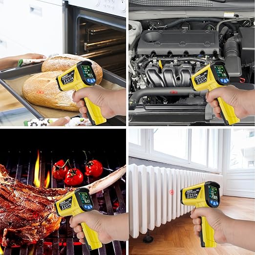 Infrared Thermometer Temperature Gun, -58°F to 1472°F, Digital Laser Thermometer Gun with Probe for Cooking, Pizza Oven, Grill & Engine, IR Thermometer Temp Gun with Adjustable Emissivity & Humidity