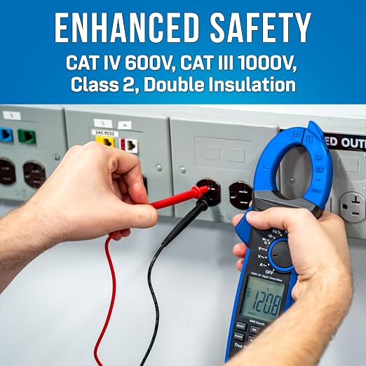 Jonard Tools ACM-1000 Digital Clamp Meter, 1000V/1000A TRMS Multimeter with 45mm Clamp, Non-Contact Voltage Tester, Measures AC/DC Voltage, Current, Continuity, Frequency, Capacitance