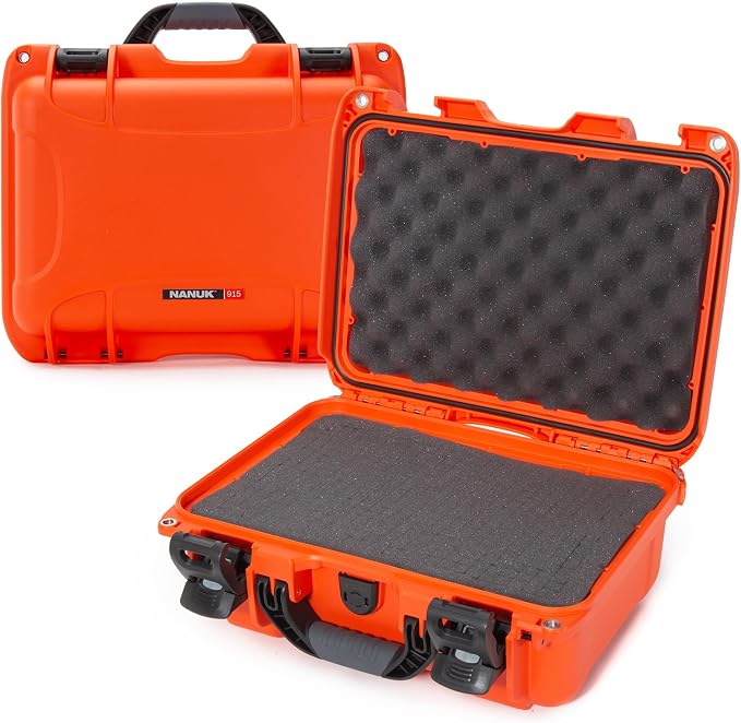 NANUK 915 Hard Case with Cubed Foam – Compact Waterproof Travel Camera Hard Case with Padded Dividers, 13.8” x 9.3” x 6.2” – Dustproof and Impact Resistant, Airline Carry-On Approved – Orange