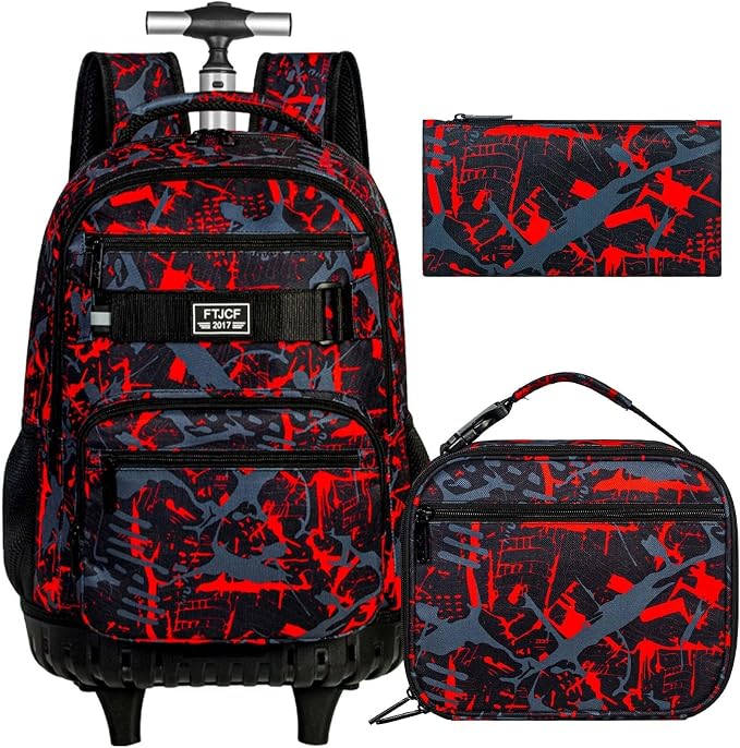 3Pcs Rolling Backpack for Boys Men, Travel Wheeled Backpacks for Adults, Teens College Roller Bookbag with Wheels for Men(Red)