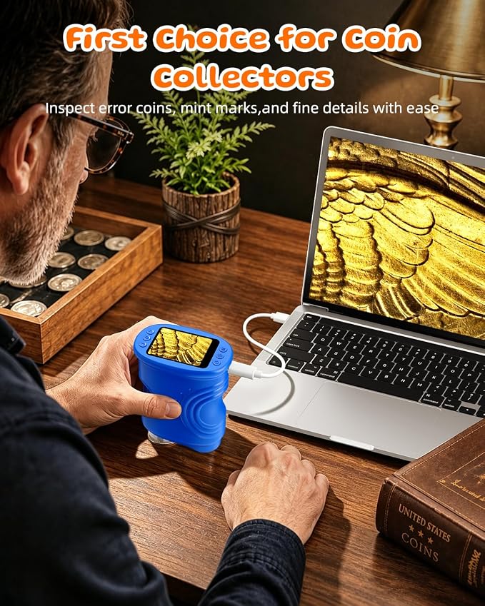 1000X Coin Microscope with Lights 2.0" IPS Screen, Digital Handheld Coin Magnifier with 8 Adjustable LED Light, Portable Rechargeable Pocket Microscope Compatible with Windows/Mac, Blue