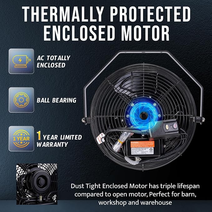 Tornado 12 Inch Outdoor Water-Resistant Wall Mounted Fan IPX4 Rated 3 Speed High Velocity Meatl Wall Fan For Commercial, Industrial, Residential, 6.6 FT Cord cETL Safety Listed, Black