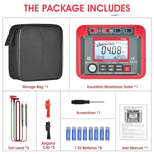 AIOMEST Megohmmeter 0.1MΩ-20GΩ Digital Insulation Resistance Tester with 50V/100V/250V/500V/1000V Output Voltage, Data Logging, 10V~600V AC/DC Voltmeter Megohm Meter w/Test Lead & Zipper Bag