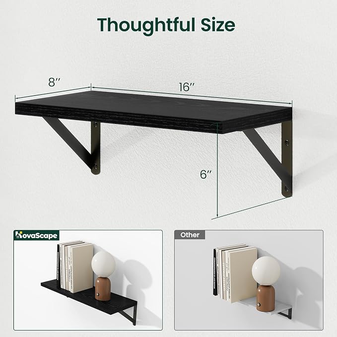 Floating Shelves 8 Inch Deep, 16W x 8D Wall Shelf Set of 2, 35 lbs Heavy Duty Reversible Metal Brackets, Industrial Book Shelf for Living Room Kitchen Bathroom Bedroom Gallery Wall, Black