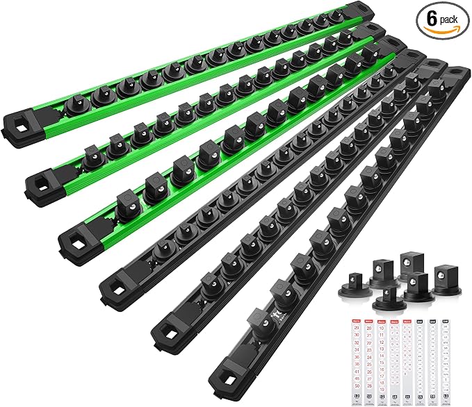 Reniteco Magnetic Socket Organizer Set, 6PC 1/2" 3/8" 1/4" Drive Aluminum Alloy Socket Holder with 80PC 360° Swivel Removable Clips, Magnetic Socket Rail for Tool Box Drawer, Black&Green